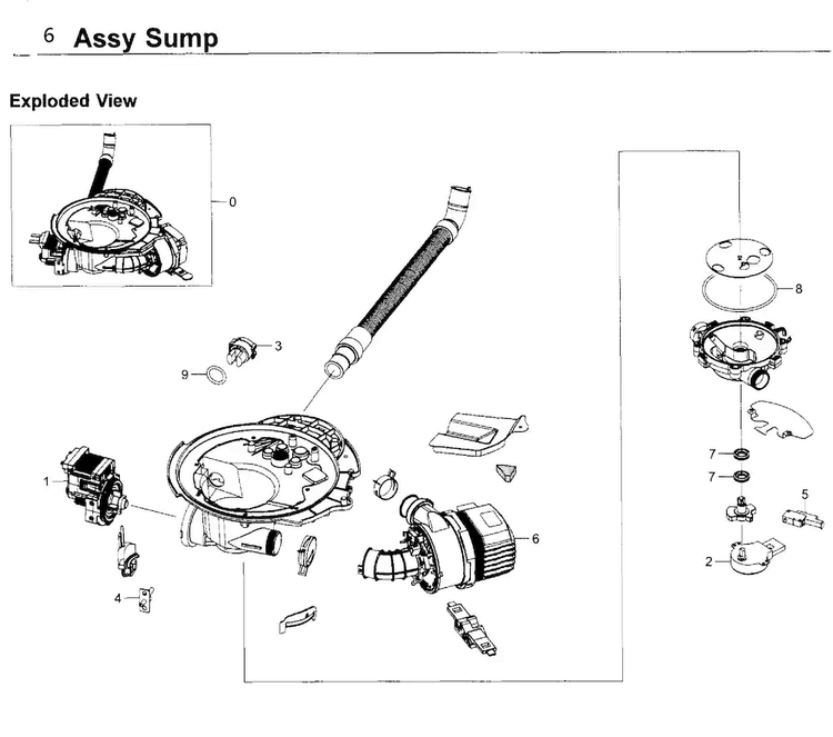 Sump Diagram and Parts List for DW80K7050US AA-0000 Samsung Dishwasher