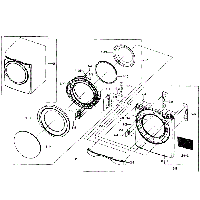 Front / Door Assembly Diagram and Parts List for DV435GTGJWR A1-01 Samsung Dryer