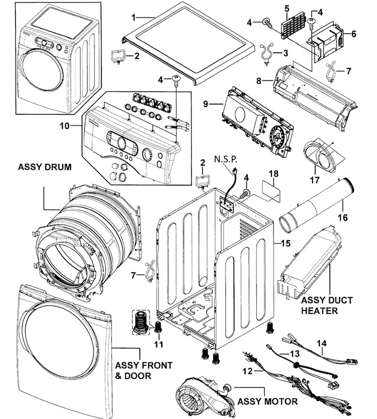 Main Assy Diagram and Parts List for DV337AEG XAA-0000 Samsung Dryer