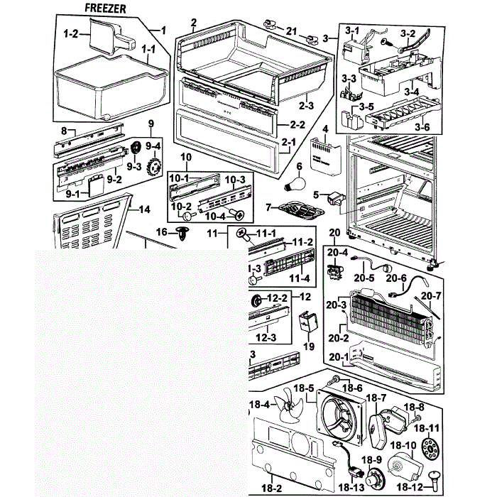 Freezer Diagram and Parts List for RF265AASH XAA-00 Samsung Refrigerator