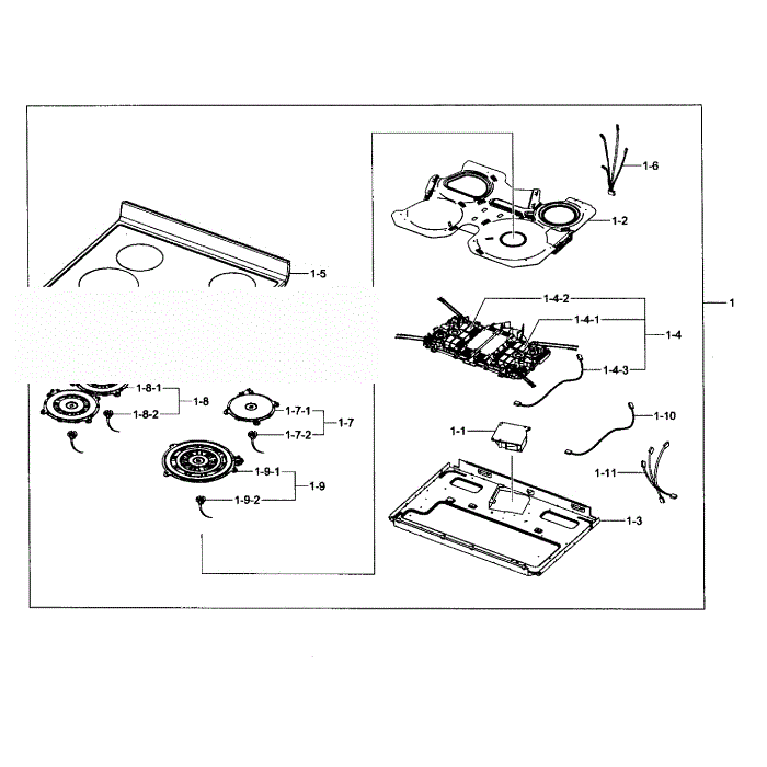 Cooktop Assembly Diagram and Parts List for NE595N0PBSR AA-01 Samsung Range