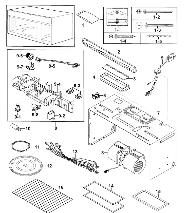Cabinet 1 Diagram and Parts List for SMH7187STG XAA-0000 Samsung Microwave