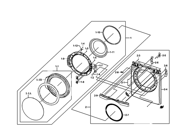 Front/door Assy Diagram and Parts List for DV407AEW XAA-0002 Samsung Dryer