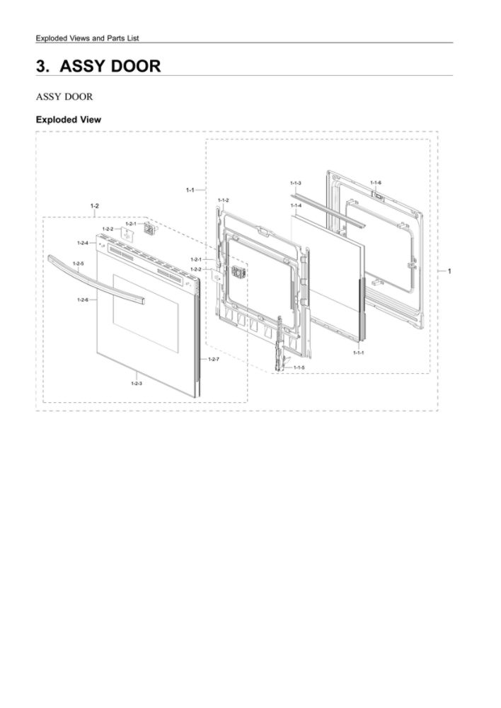 Door Assembly Diagram and Parts List for NX60T8311SS AA-03 Samsung Range