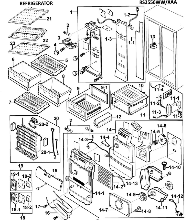 Cabinet Diagram and Parts List for RS2556WW XAA-0000 Samsung Refrigerator