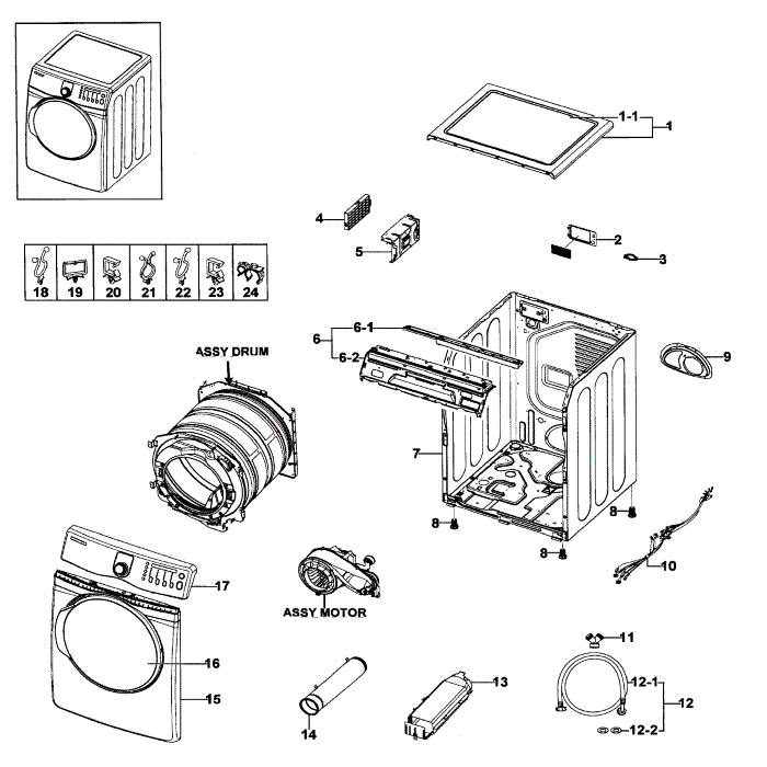 Main Assembly Diagram and Parts List for DV409AER XAA-02 Samsung Dryer