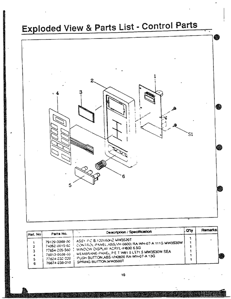 Control Parts Diagram and Parts List for MW3530W XAA Samsung Microwave