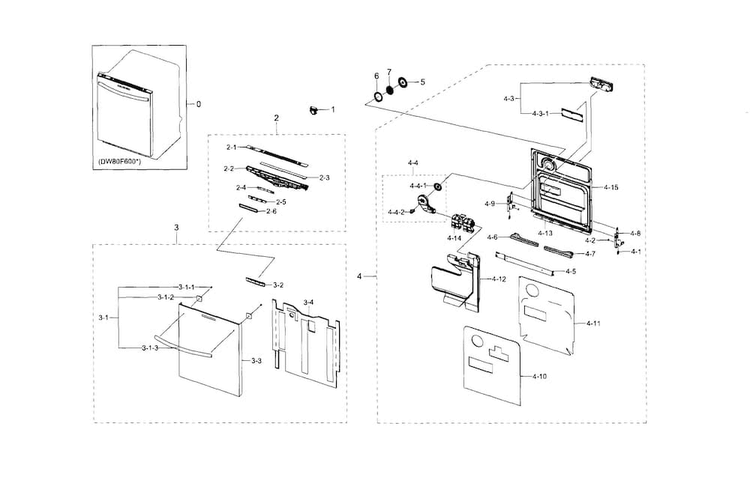 Door Diagram and Parts List for DW80F600UTW AA-0001 Samsung Dishwasher