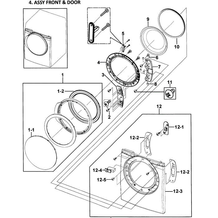 Front Assembly Diagram and Parts List for DV338AEB XAA-00 Samsung Dryer