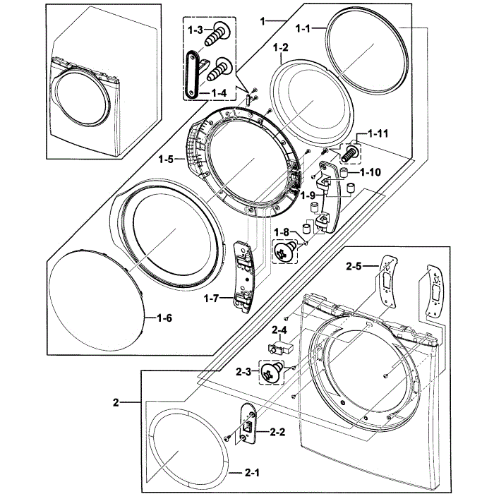 Front Assembly Diagram and Parts List for DV331AER XAA-00 Samsung Dryer