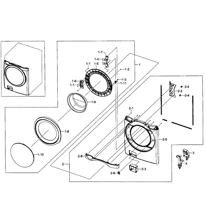 Door Assembly Diagram and Parts List for WF501ANW XAA-01 Samsung Washer