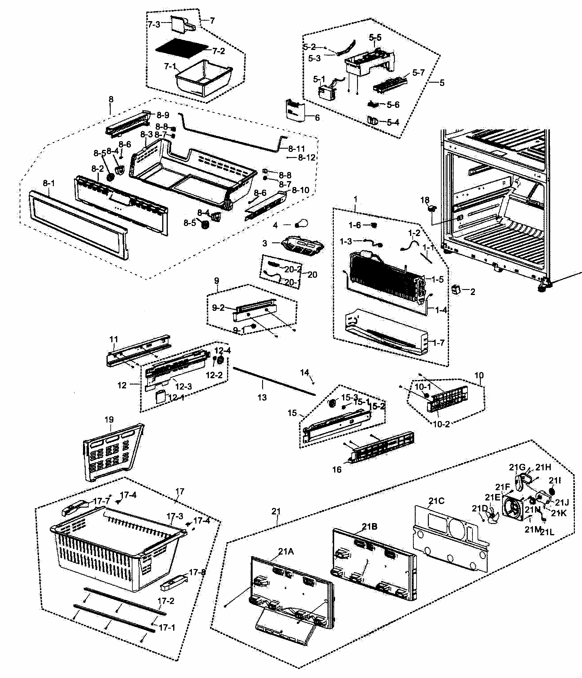 Freezer Assy Diagram and Parts List for RF266AEWP XAA-0000 Samsung Refrigerator