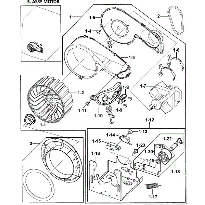 Motor Assembly Diagram and Parts List for DV338AEB XAA-00 Samsung Dryer