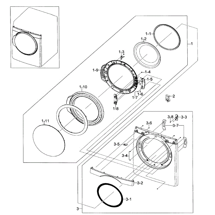 Front / Door Assembly Diagram and Parts List for DV448AGE XAA-01 Samsung Dryer