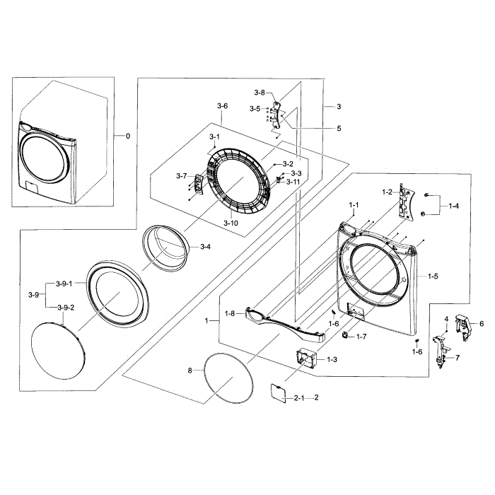 Frame Front And Door Diagram and Parts List for WF433BTGJWR A2-00 Samsung Washer