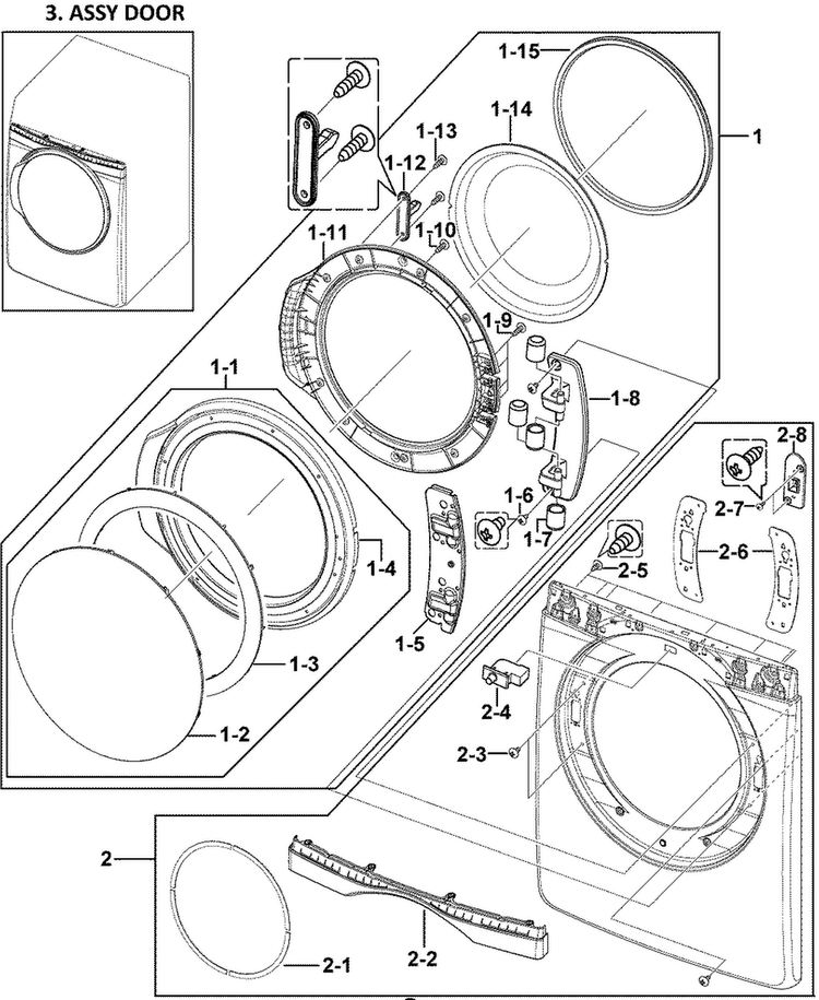 Front Assy Diagram and Parts List for DV409AGR XAA-0000 Samsung Dryer