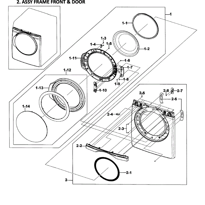 Front / Door Assembly Diagram and Parts List for DV419AGU XAA-02 Samsung Dryer