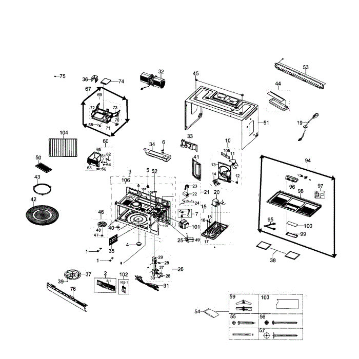 Main Assembly Diagram and Parts List for SMH1926W XAA-00 Samsung Microwave