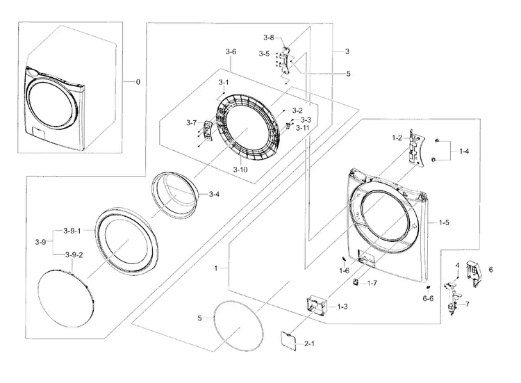 Frame Front & Door Diagram and Parts List for WF42H5600AW A2-0000 Samsung Washer
