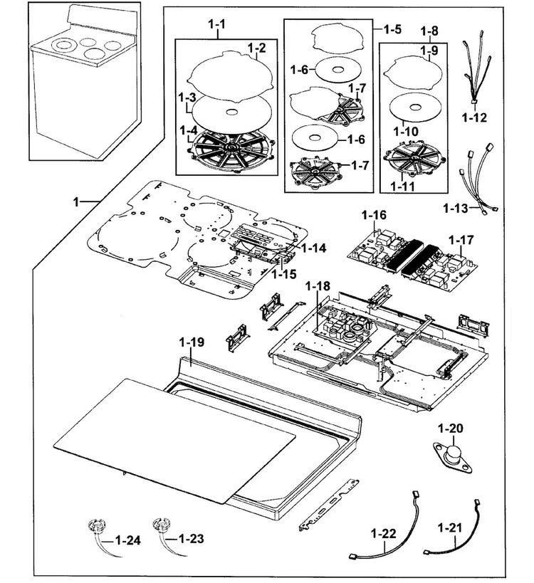Cooktop Assy Diagram and Parts List for FTQ307NWGX XAA-00 Samsung Range