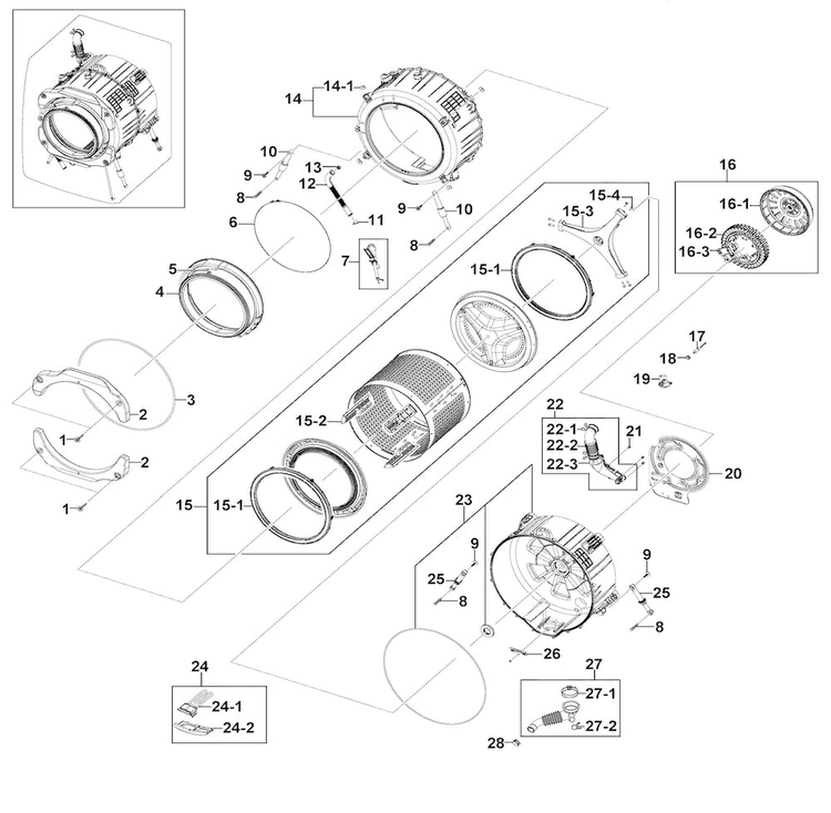 Tub & Drum Diagram and Parts List for WF220ANW XAA-0001 Samsung Washer