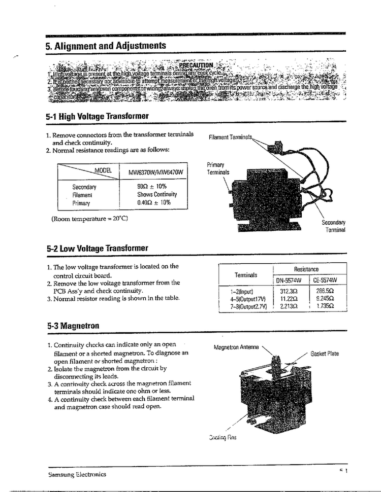 Alignment And Adjustments Diagram and Parts List for MW6470W XAA Samsung Microwave
