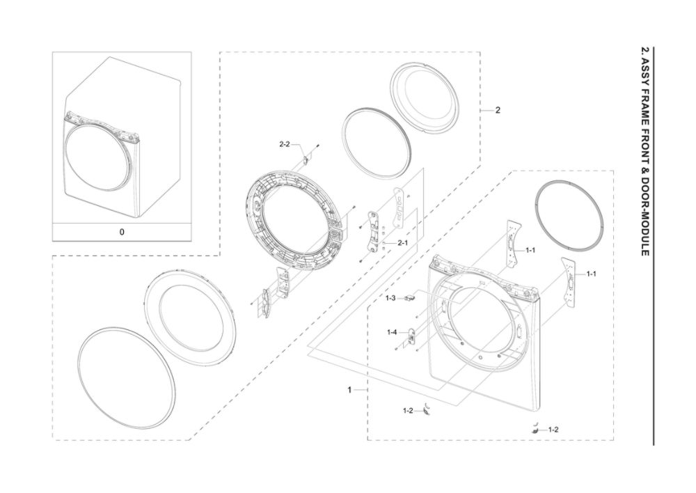 Front Frame/Door-Module Assembly Diagram and Parts List for DVE50A8500V A3-00 Samsung Dryer