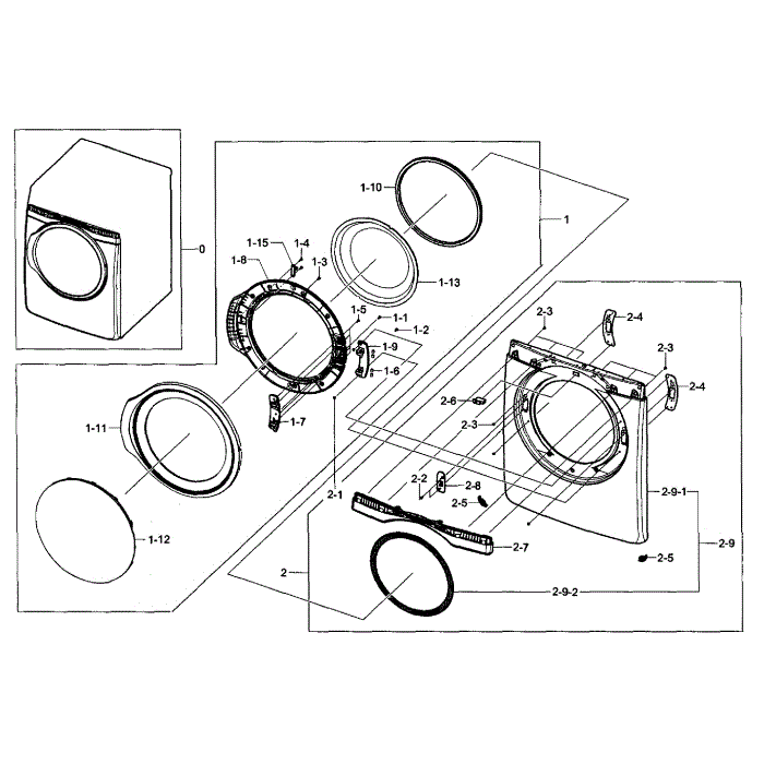 Front And Door Diagram and Parts List for DV405ETPAWR AA-00 Samsung Dryer
