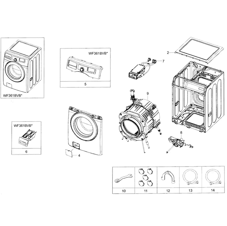 Main Assy Diagram and Parts List for WF361BVBEWR A2-0001 Samsung Washer