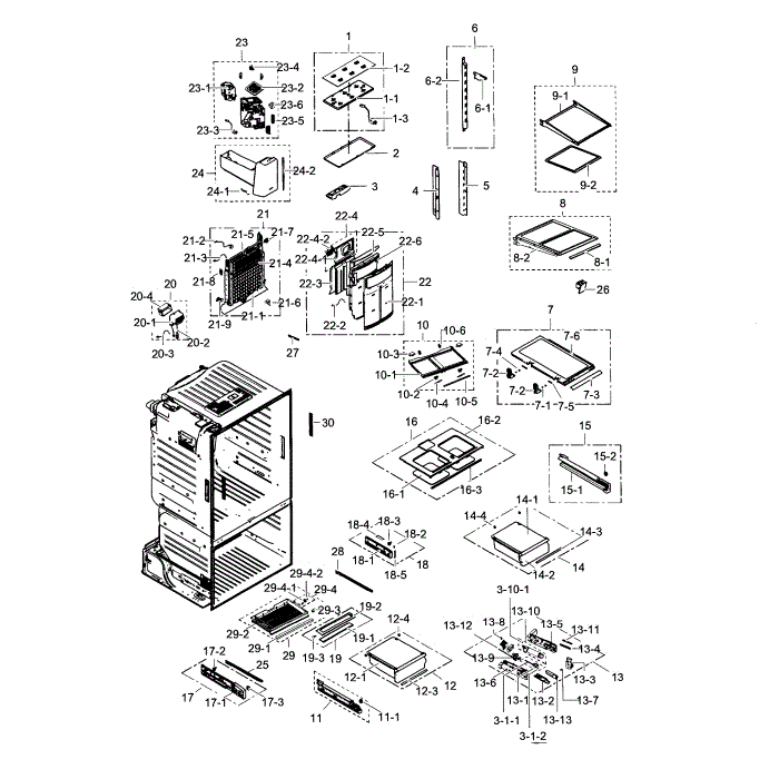Fridge Diagram and Parts List for RF323TEDBBC AA-04 Samsung Refrigerator