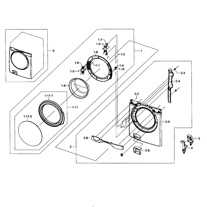 Front / Door Assembly Diagram and Parts List for WF395BTPAWR A1-01 Samsung Washer