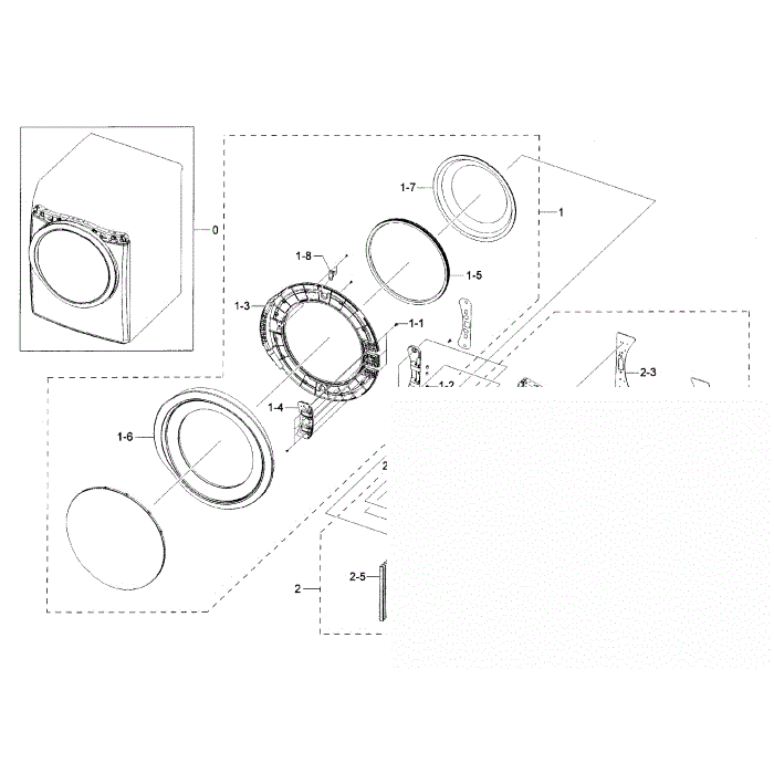 Frame Front And Door Diagram and Parts List for DV42H5200EF A3-00 Samsung Dryer