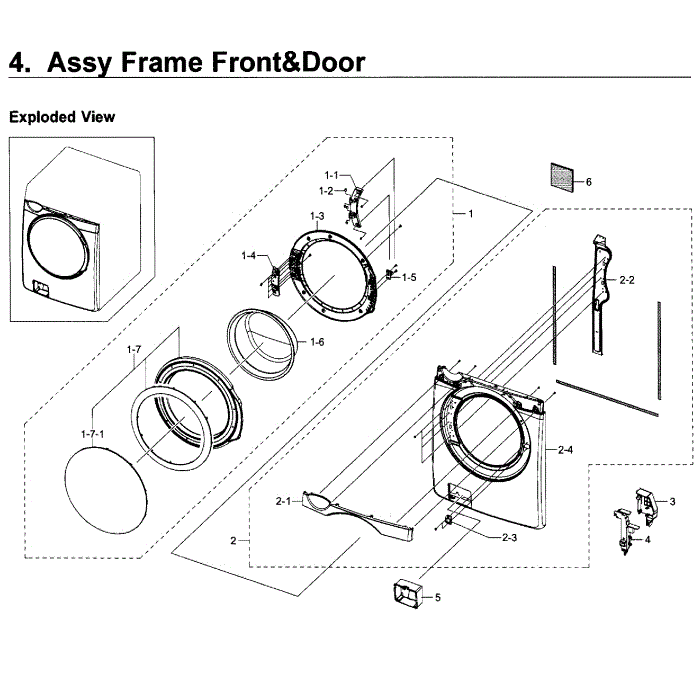 Frame Front And Door Diagram and Parts List for WF419AAW XAA-01 Samsung Washer