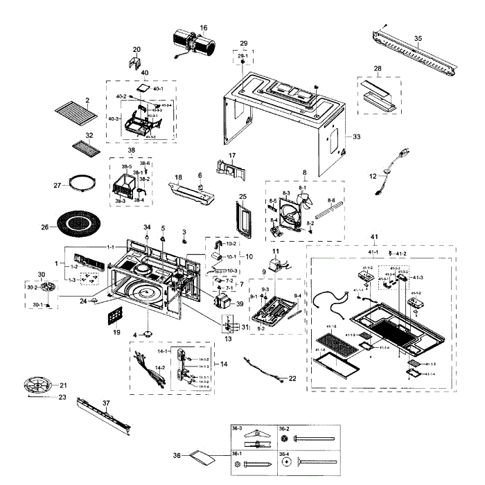 Main Section Diagram and Parts List for ME18H704SFG AA-00 Samsung Microwave Oven Combo