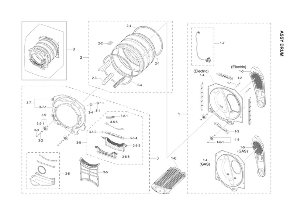 Drum Assembly Diagram and Parts List for DV42H5200EF A3-01 Samsung Dryer