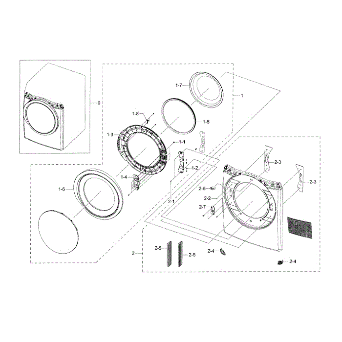 Frame Front And Door Diagram and Parts List for DV42H5600EP A3-00 Samsung Dryer