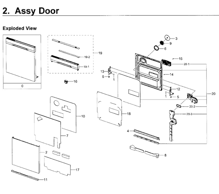Door Diagram and Parts List for DW80K5050UB AA-0000 Samsung Dishwasher