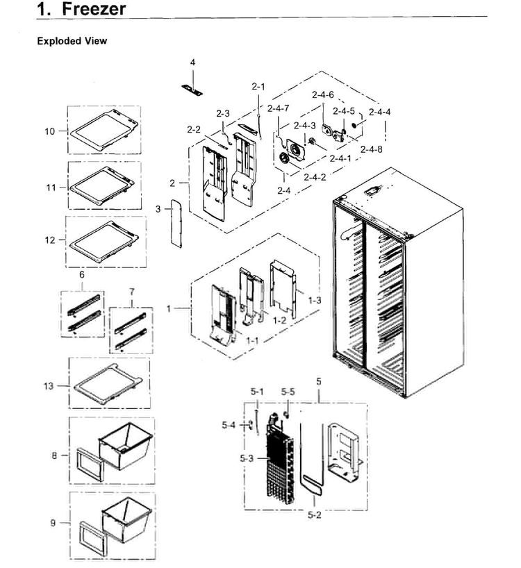 Freezer Diagram and Parts List for RS25H5121SR AA-0001 Samsung Refrigerator
