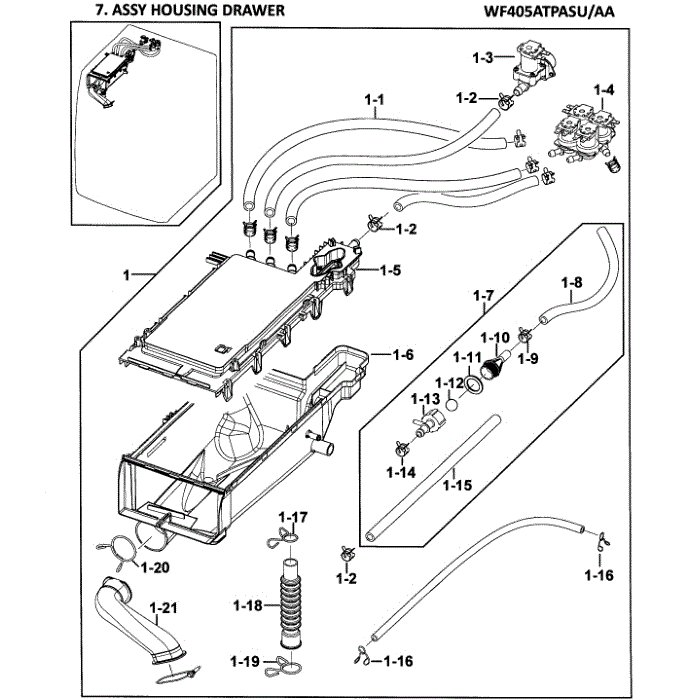 Drawer Housing Diagram and Parts List for WF405ATPASU AA-00 Samsung Washer