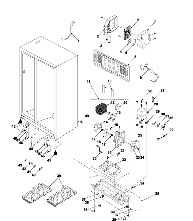 Machine Compartment & Cabinet Back Diagram and Parts List for RS2545SH XAA Samsung Refrigerator