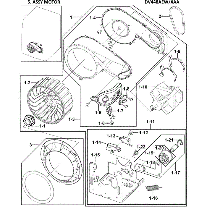 Motor Assembly Diagram and Parts List for DV448AEW XAA-00 Samsung Dryer