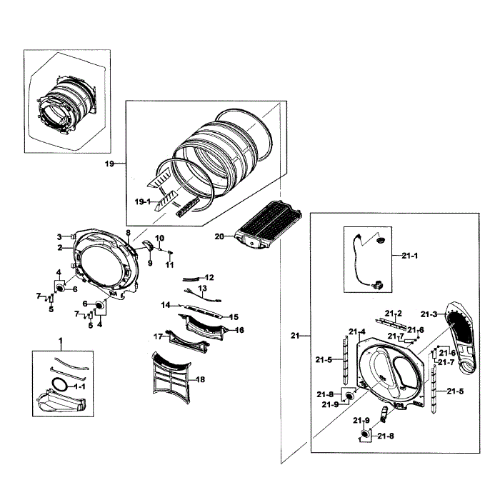 Drum Assembly Diagram and Parts List for DV511AGW XAA-01 Samsung Dryer