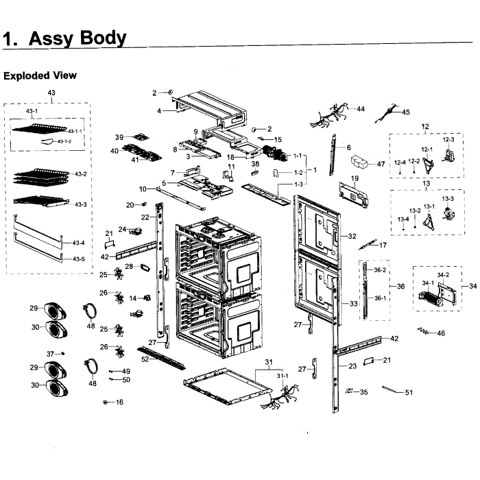 Body Diagram and Parts List for NV51K6650DS AA-00 Samsung Wall Oven
