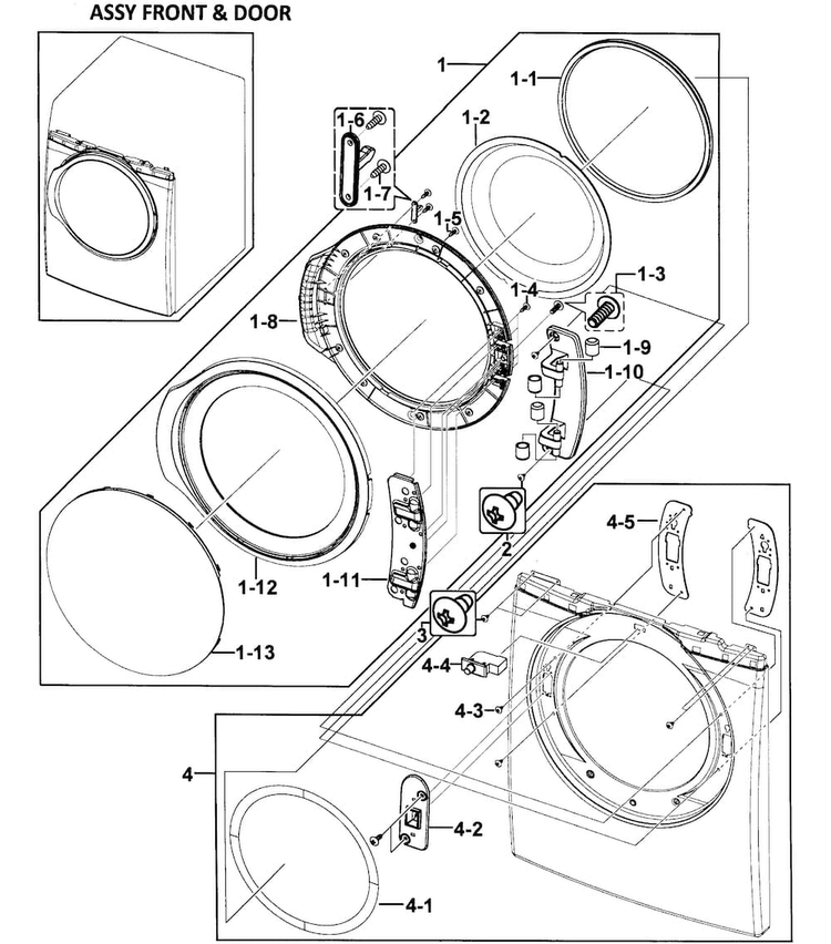 Door Assy Diagram and Parts List for DV350AEP XAA-0000 Samsung Dryer
