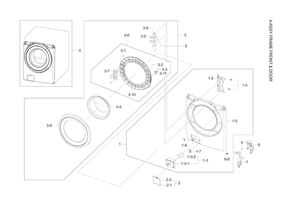 Front Frame And Door Assembly Diagram and Parts List for WF42H5200AF A2-11 Samsung Washer