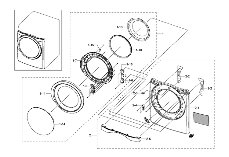 Front & Door Diagram and Parts List for DV511AGR XAA-0002 Samsung Dryer