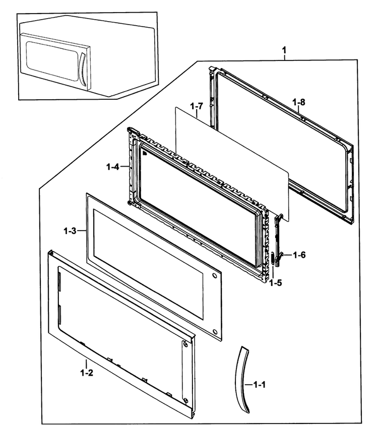 Door Assy Diagram and Parts List for SMH9151WE XAA-0000 Samsung Microwave