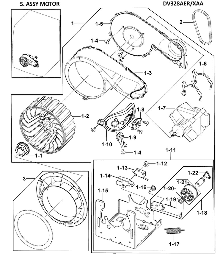Motor Assy Diagram and Parts List for DV328AER XAA Samsung Dryer