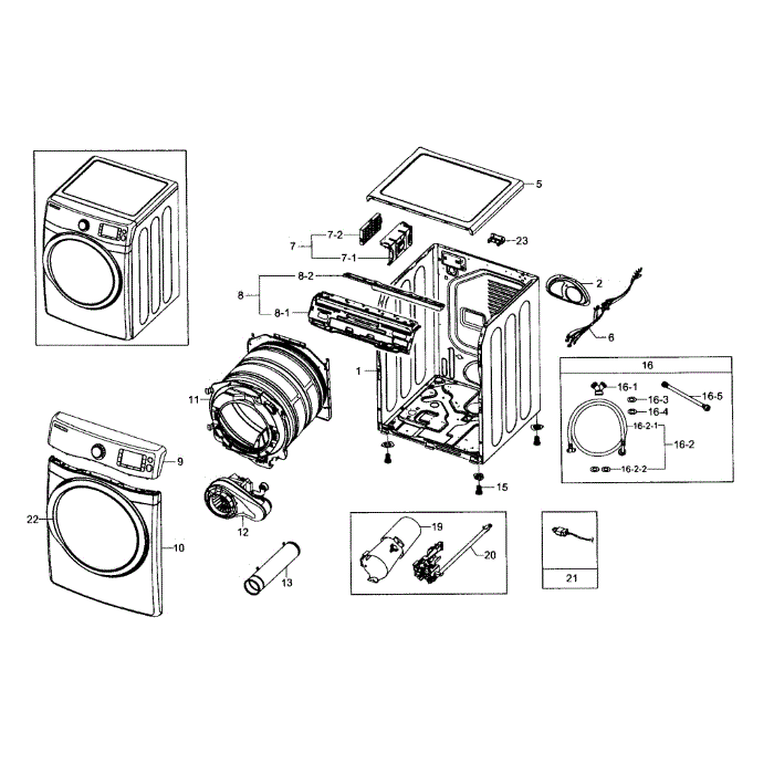 Main Assembly Diagram and Parts List for DV511AGW XAA-03 Samsung Dryer