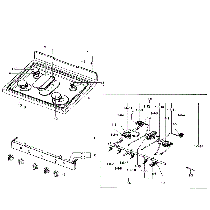 Cooktop Assembly Diagram and Parts List for NX583G0VBSR AA-01 Samsung Range
